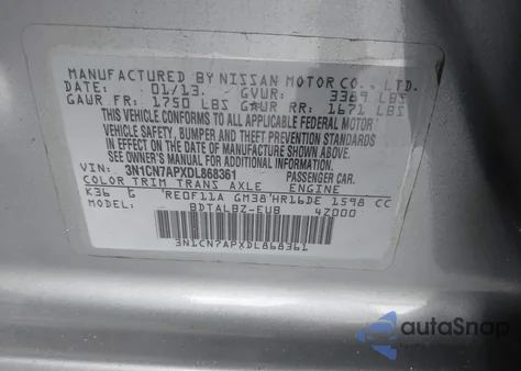 2013 Nissan Versa 1.6 Sv z USA, uszkodzony, nr VIN 3N1CN7APXDL868361